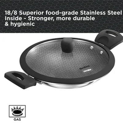 Hawkins Tri-Ply Stainless Steel with Shielded Nonstick 1.25 Litre Appachatty with Glass Lid | Black