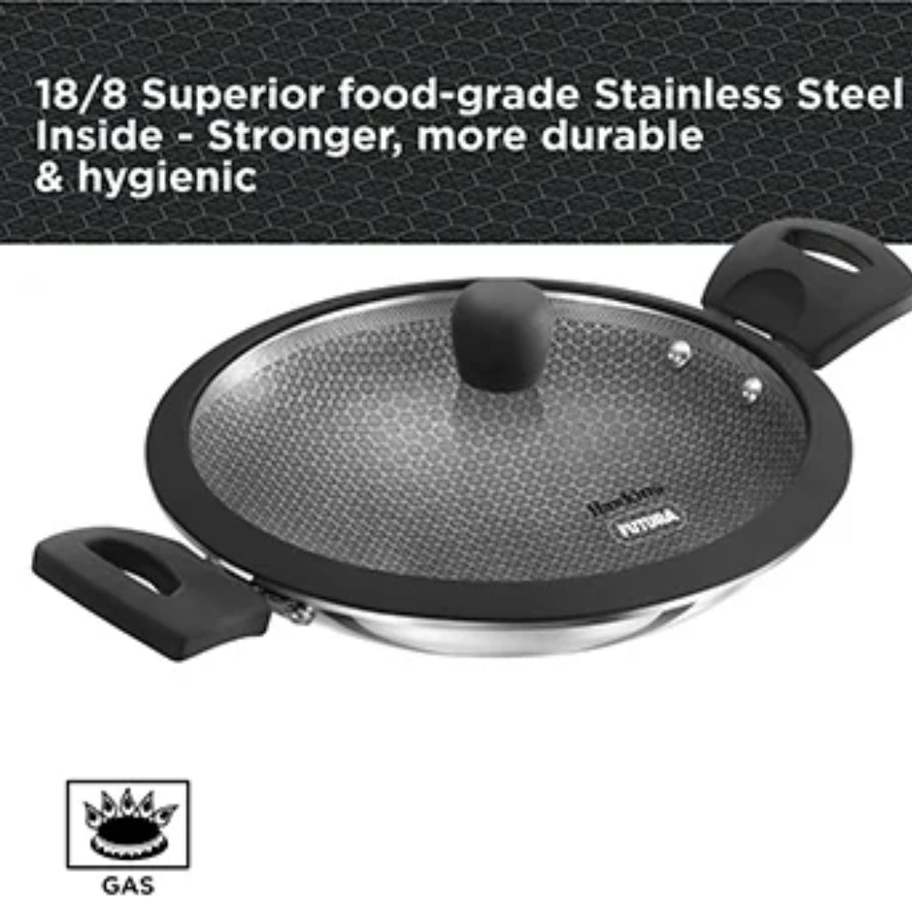 Hawkins Tri-Ply Stainless Steel with Shielded Nonstick 1.25 Litre Appachatty with Glass Lid | Black