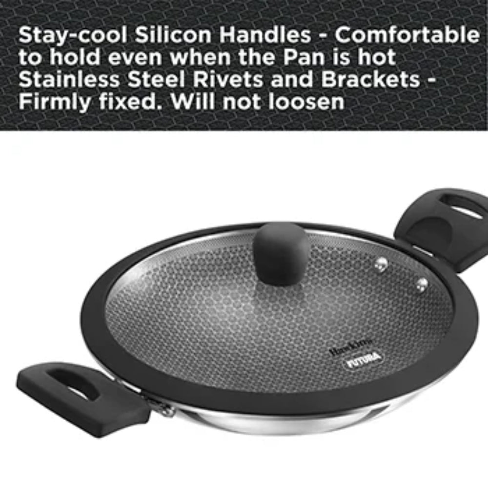 Hawkins Tri-Ply Stainless Steel with Shielded Nonstick 1.25 Litre Appachatty with Glass Lid | Black