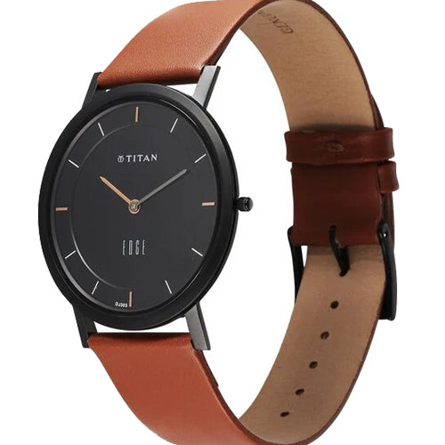 Titan Edge Quartz Analog Black Dial Leather Strap Watch for Men 37.3mm NT1595NL03
