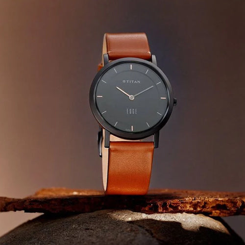 Titan Edge Quartz Analog Black Dial Leather Strap Watch for Men 37.3mm NT1595NL03