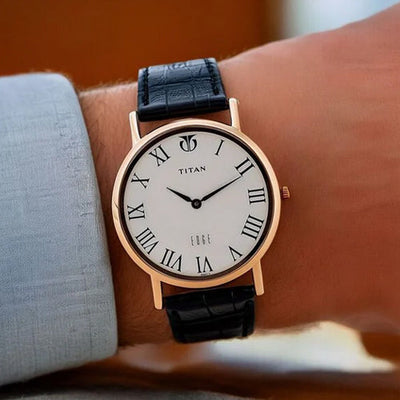 Titan Edge Quartz Analog White Dial Black Leather Strap Watch For Men 37.3mm NT1595WL01