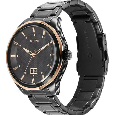 Titan Regalia Opulent Quartz Analog with Date Black Dial Black Stainless Steel Strap Watch for Men 42.5mm NT1829KM04