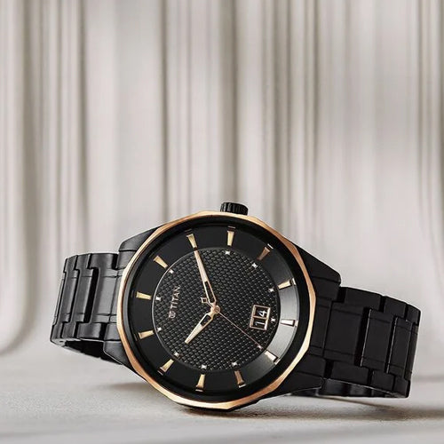 Titan Regalia Opulent Quartz Analog with Date Black Dial Black Stainless Steel Strap Watch for Men 42.5mm NT1829KM04