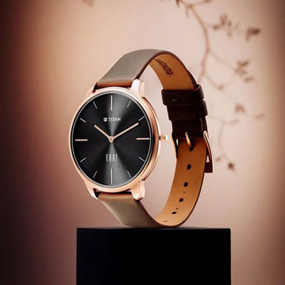 Titan Edge Black Dial Beige Leather Strap Watch for Women 34.5mm NT2654WL01