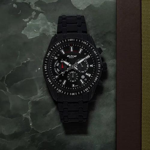 Titan Quartz Chronograph Black Dial Stainless Steel Strap Watch for Men 46mm NT90077NM01