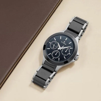 Titan Ceramics Black Dial Quartz Multifunction Stainless Steel and Ceramic Strap watch for Men 42.6mm NT90089KD01