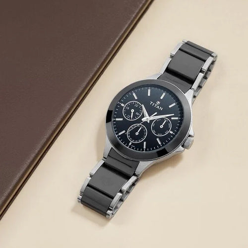 Titan Ceramics Black Dial Quartz Multifunction Stainless Steel and Ceramic Strap watch for Men 42.6mm NT90089KD01