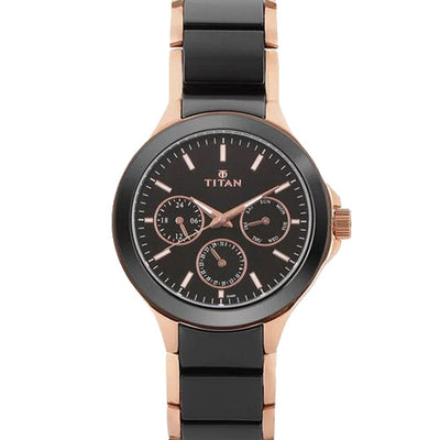 Titan Quartz Multifunction Black Dial Stainless Steel & Ceramic Strap Watch for Men 42.6mm NT90089KD02