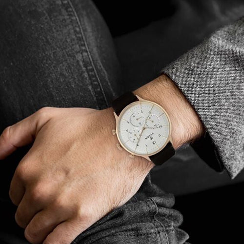 Titan Quartz Multifunction White Dial Leather Strap Watch for Men 42mm NT90102WL01