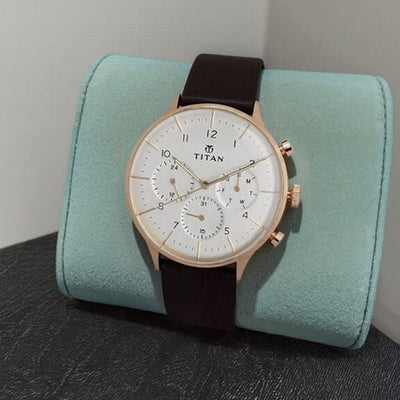 Titan Quartz Multifunction White Dial Leather Strap Watch for Men 42mm NT90102WL01