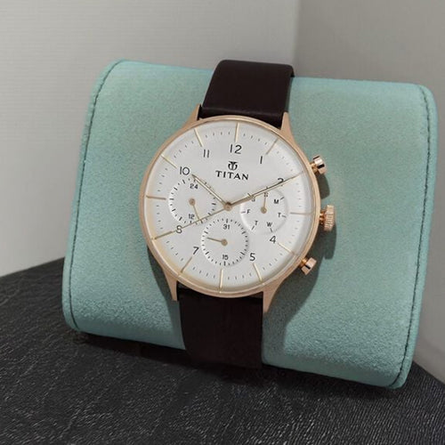 Titan Quartz Multifunction White Dial Leather Strap Watch for Men 42mm NT90102WL01