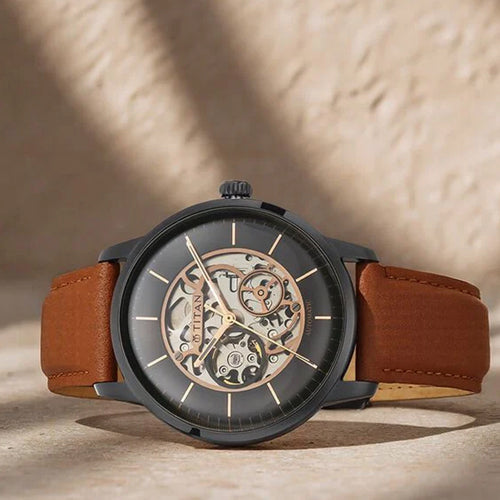 Titan Automatics Black Dial Tan Leather Strap Watch for Men 44mm NT90110NL01