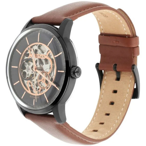 Titan Automatics Black Dial Tan Leather Strap Watch for Men 44mm NT90110NL01
