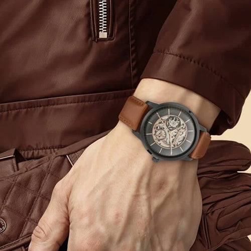 Titan Automatics Black Dial Tan Leather Strap Watch for Men 44mm NT90110NL01