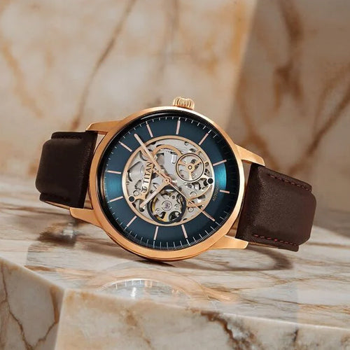 Titan Skeletal Automatic Green Dial Brown Leather Strap Watch for Men 44mm NT90110WL04