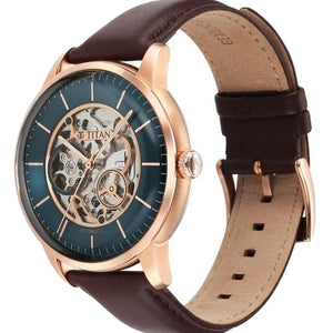 Titan Skeletal Automatic Green Dial Brown Leather Strap Watch for Men 44mm NT90110WL04