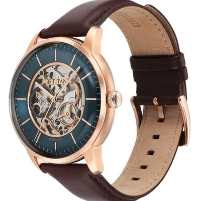 Titan Skeletal Automatic Green Dial Brown Leather Strap Watch for Men 44mm NT90110WL04