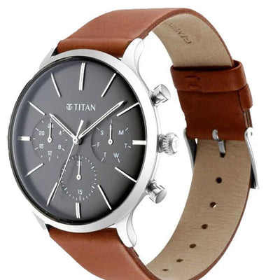 Titan Light Leathers Multifunction Black Dial Brown Leather Strap Watch For Men 42mm NT90134SL01