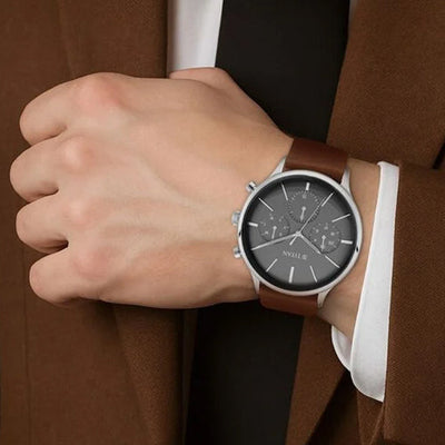 Titan Light Leathers Multifunction Black Dial Brown Leather Strap Watch For Men 42mm NT90134SL01