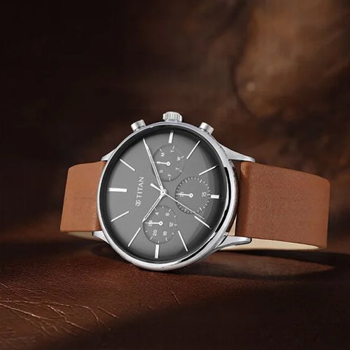 Titan Light Leathers Multifunction Black Dial Brown Leather Strap Watch For Men 42mm NT90134SL01