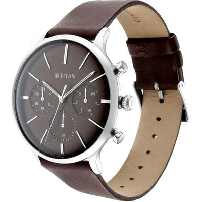Titan Quartz Multifunction Brown Dial Leather Strap Watch for Men 42mm NT90134SL02