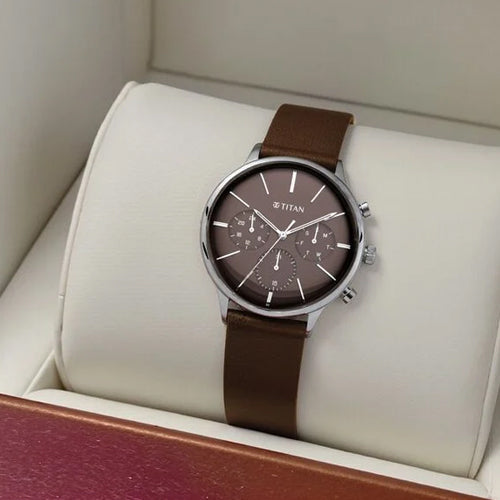 Titan Quartz Multifunction Brown Dial Leather Strap Watch for Men 42mm NT90134SL02