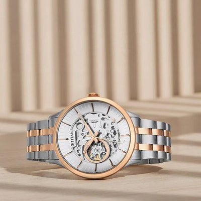 Titan Metal Mechanicals Silver Dial Dual Tone Stainless Steel Strap Watch for Men 43mm NT90140KM01