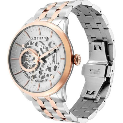 Titan Metal Mechanicals Silver Dial Dual Tone Stainless Steel Strap Watch for Men 43mm NT90140KM01