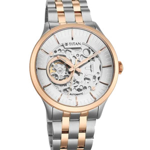 Titan Metal Mechanicals Silver Dial Dual Tone Stainless Steel Strap Watch for Men 43mm NT90140KM01