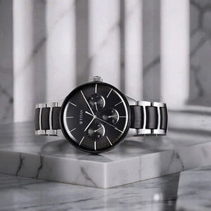 Titan Ceramic Fusion Quartz Multifunction Black Dial Silver Dual-Toned Stainless Steel Bracelet Watch for Men 42mm NT90148KD01