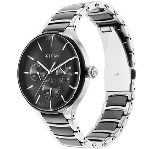 Titan Ceramic Fusion Quartz Multifunction Black Dial Silver Dual-Toned Stainless Steel Bracelet Watch for Men 42mm NT90148KD01