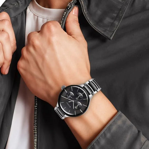 Titan Ceramic Fusion Quartz Multifunction Black Dial Silver Dual-Toned Stainless Steel Bracelet Watch for Men 42mm NT90148KD01