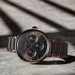Titan Ceramic Fusion Multifunction Black Dial With Two Toned Color Stainless Steel Strap Watch For Men 42mm NT90148KD05