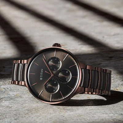 Titan Ceramic Fusion Multifunction Black Dial With Two Toned Color Stainless Steel Strap Watch For Men 42mm NT90148KD05