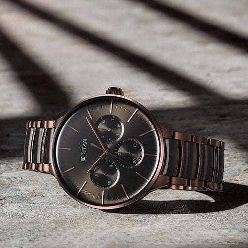 Titan Ceramic Fusion Multifunction Black Dial With Two Toned Color Stainless Steel Strap Watch For Men 42mm NT90148KD05