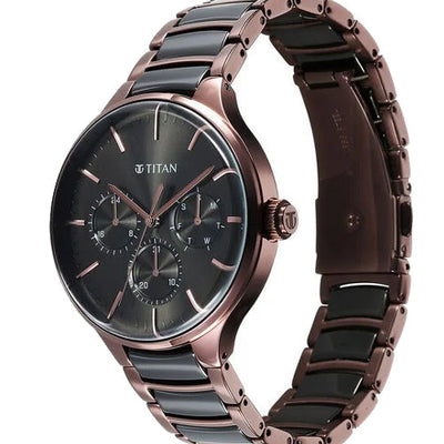 Titan Ceramic Fusion Multifunction Black Dial With Two Toned Color Stainless Steel Strap Watch For Men 42mm NT90148KD05
