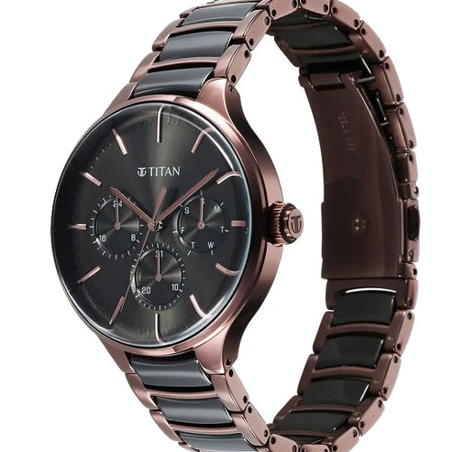 Titan Ceramic Fusion Multifunction Black Dial With Two Toned Color Stainless Steel Strap Watch For Men 42mm NT90148KD05