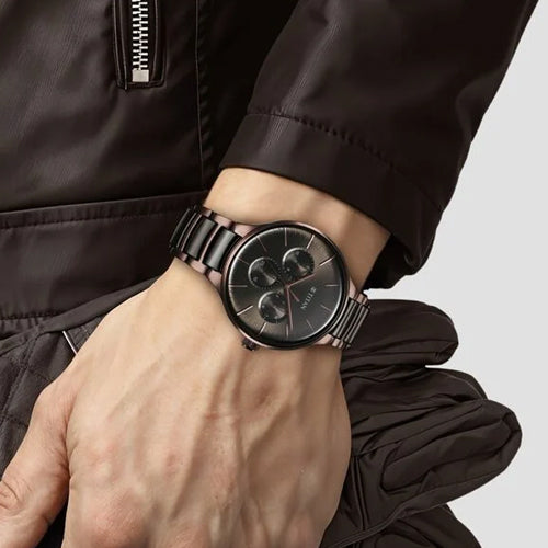Titan Ceramic Fusion Multifunction Black Dial With Two Toned Color Stainless Steel Strap Watch For Men 42mm NT90148KD05