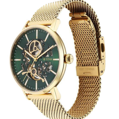 Titan Mechanical Slimline Green Dial Golden Mesh Strap watch for Men 42mm NT90159YM01