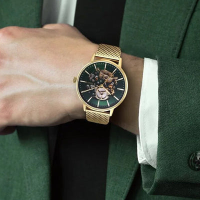 Titan Mechanical Slimline Green Dial Golden Mesh Strap watch for Men 42mm NT90159YM01
