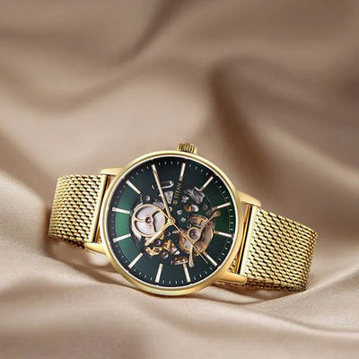 Titan Mechanical Slimline Green Dial Golden Mesh Strap watch for Men 42mm NT90159YM01