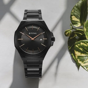 Titan Classic Slim Quartz Analog with Date Black Dial Stainless Steel Strap Watch for Men 43.5mm NT90167NM01