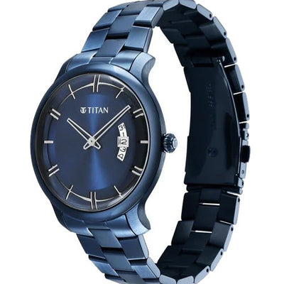 Titan Classic Distincta Blue Dial Analog with Date Stainless Steel Strap watch for Men 41mm NT90170QM01
