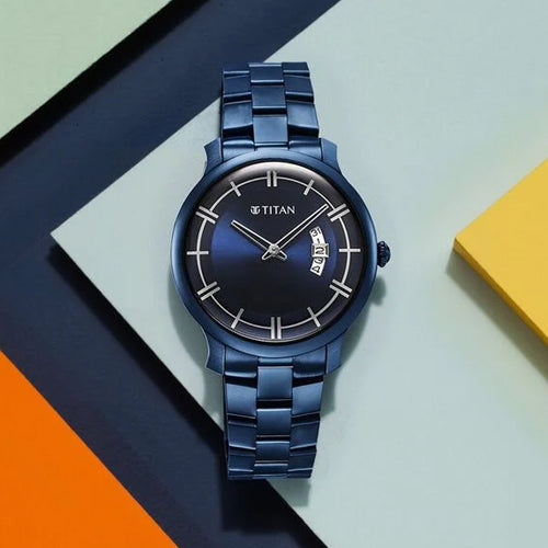 Titan Classic Distincta Blue Dial Analog with Date Stainless Steel Strap watch for Men 41mm NT90170QM01