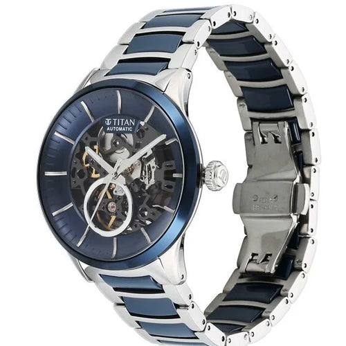 Titan Ceramic Fusion Automatic Blue Dial Silver Dual-Toned Stainless Steel Bracelet Watch for Men 42.2mm NT90174KD02