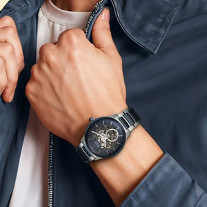 Titan Ceramic Fusion Automatic Blue Dial Silver Dual-Toned Stainless Steel Bracelet Watch for Men 42.2mm NT90174KD02