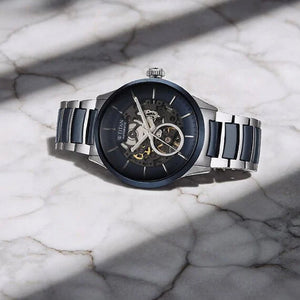 Titan Ceramic Fusion Automatic Blue Dial Silver Dual-Toned Stainless Steel Bracelet Watch for Men 42.2mm NT90174KD02