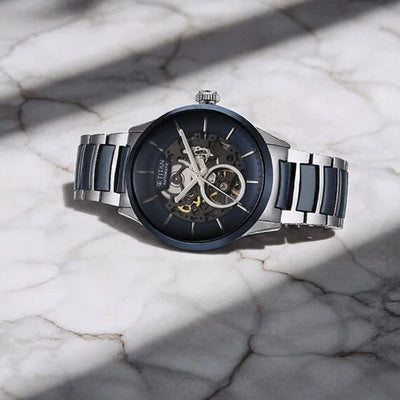 Titan Ceramic Fusion Automatic Blue Dial Silver Dual-Toned Stainless Steel Bracelet Watch for Men 42.2mm NT90174KD02