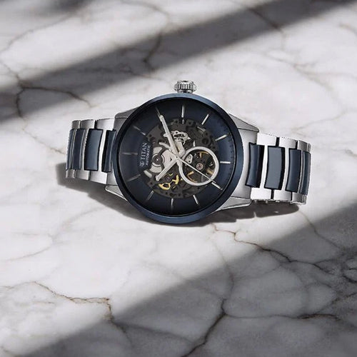 Titan Ceramic Fusion Automatic Blue Dial Silver Dual-Toned Stainless Steel Bracelet Watch for Men 42.2mm NT90174KD02